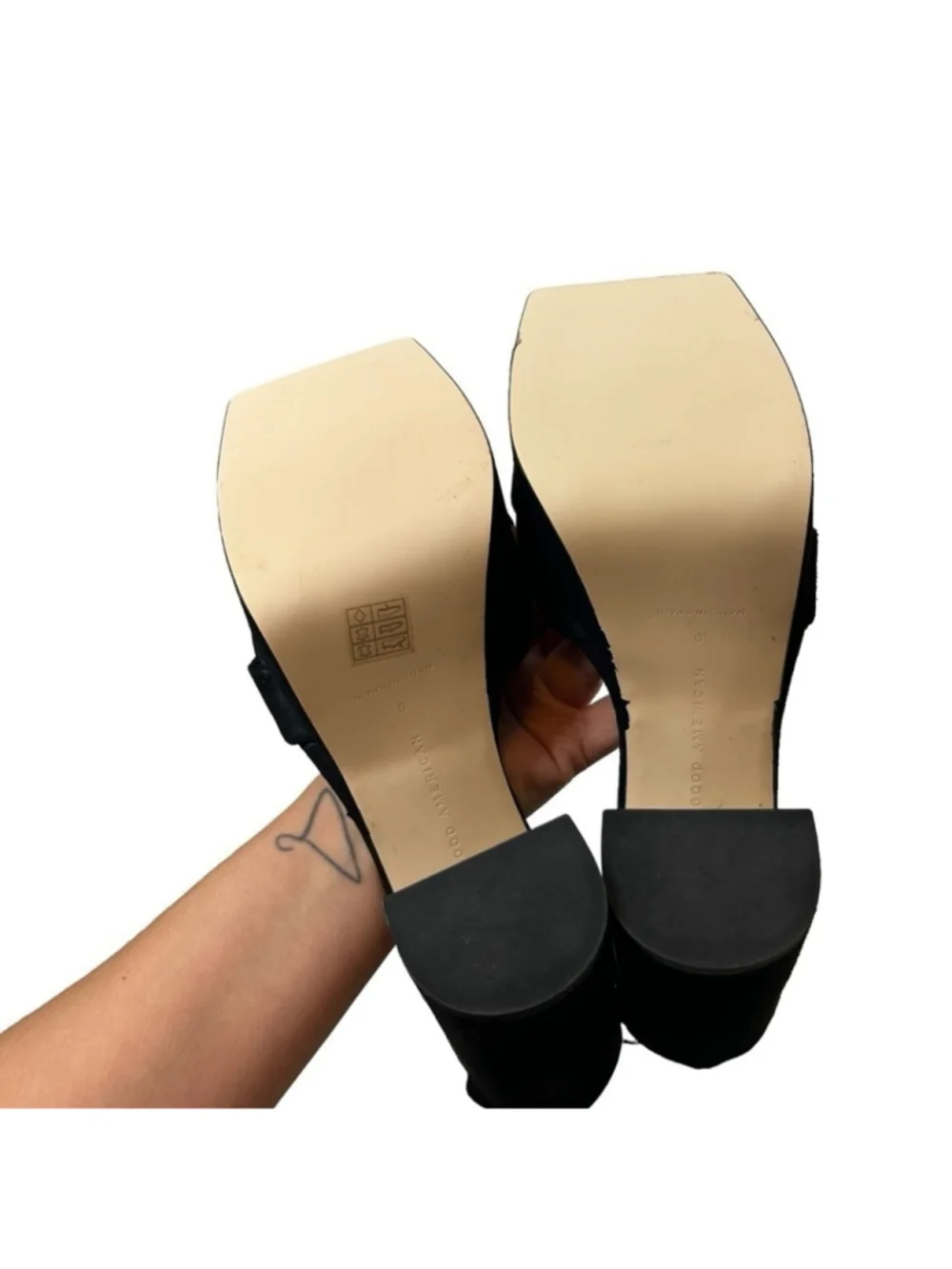 Good American Black Suede Ankle Strap Chunky Platform Sandal Heels Size 9